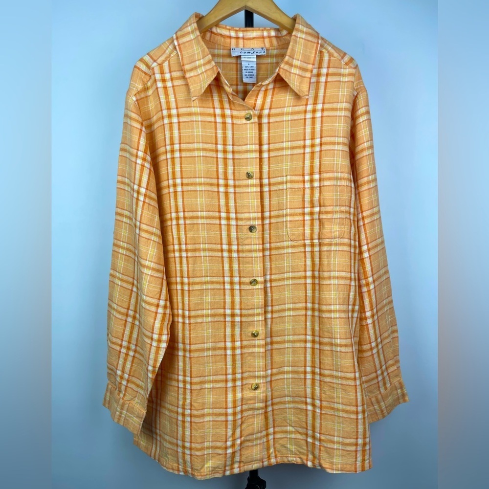 Real Comfort Orange Plaid Long Sleeve Button‎ Up 100% Linen Top
